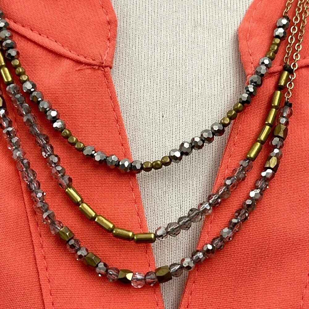 Gray Gold-tone Beaded Strands Women's‎ Fashion Necklace NWOT